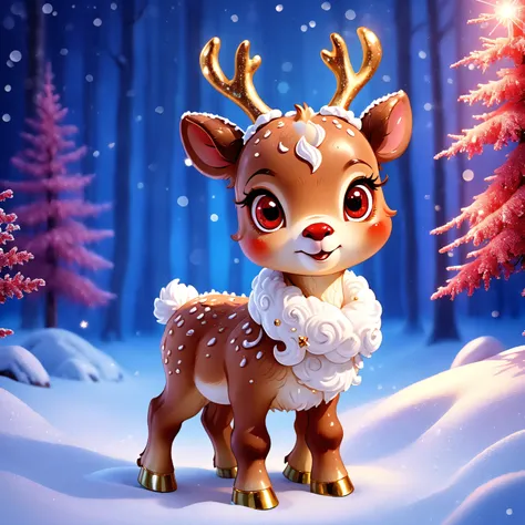 (Best quality,absurdres,masterpeice:1.4), high quality fantasy art of a beautiful adorable super cute baby reindeer, glowing within, delicate figurine, red nose, kawaii, adorable, snowy forest background, red glitter