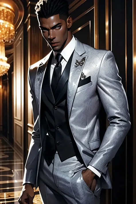Best quality, masterpiece, very detailed, semi-realistic, HD, gorgeous African man, dark hair, dark eyes, (solo), highly detailed textures, sexy body, movie style, (male focus), standing in a hotel lobby, (male focus), wearing a black suit, silver tie, det...