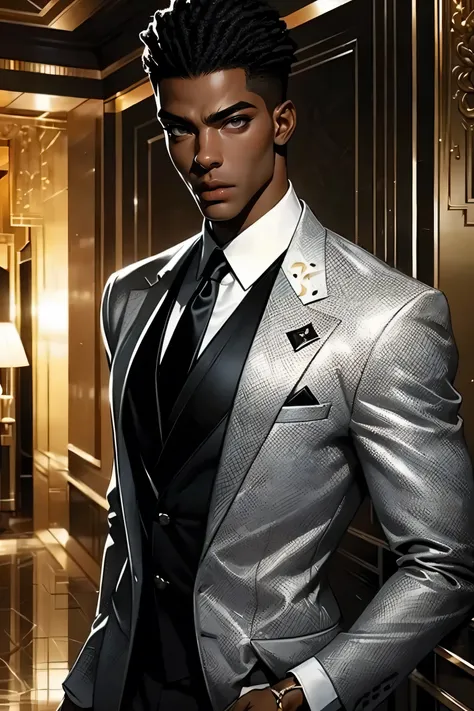 Best quality, masterpiece, very detailed, semi-realistic, HD, gorgeous African man, dark hair, dark eyes, (solo), highly detailed textures, sexy body, movie style, (male focus), standing in a hotel lobby, (male focus), wearing a black suit, silver tie, det...