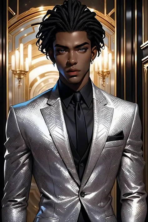 Best quality, masterpiece, very detailed, semi-realistic, HD, gorgeous African man, dark hair, dark eyes, (solo), highly detailed textures, sexy body, movie style, (male focus), standing in a hotel lobby, (male focus), wearing a black suit, silver tie, det...