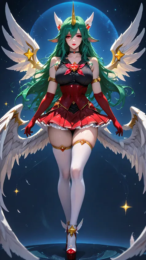 1girl, solo, red eyes, eyeshadow liner, long hair, blonde hair, curtain bangs, without bangs, bare forehead, red corset, black bra, red thong, long stockings, red stockings, red gloves, elbow gloves, long gloves, black detachable shirt, black detachable sh...