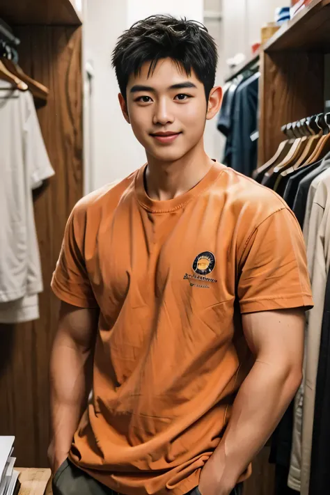 18-year-old male、Japanese、handsome、Macho、short hair、 apparel clerk、Orange Clothes、Smile Yan