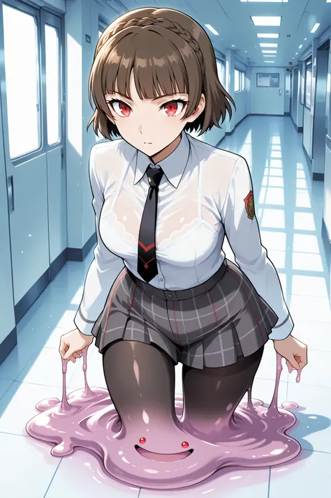 melting,slimification,transformed ditto,score_9, score_8_up, source_anime,1 girl, Alone,23 years old:1.4,lighting forward:1.4,mature adult p5makoto, nijima makoto, makoto school uniform, brown hair, blunt bangs, crown braid, red eyes,flipped hair,tsurime, ...