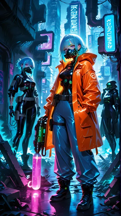Clothes of the Future girls,blue hair , (the ruins of a cyberpunk city after the thermonuclear war, neon), ,detailed face wide leg pants big orange hooded coat reality Gas mask