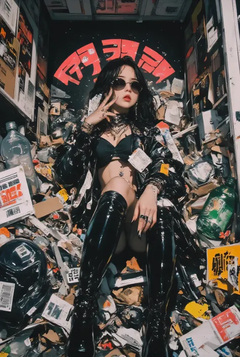 Chaotic trash house, Room filled with everyday rubbish, Remembering Death, pingtu style, illustration-fen, 狭い部屋で飲酒するwomanhood, mixed media work , の美しい日本ゴシックスタイル日本人womanhood,, Forehead sunglasses, Her anatomically correct fingers, At the bottom of the scr...