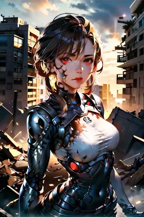 Red Eyes,Can you draw a woman cleaning up the rubble、,don't crop your face because it puts facial expression first,,is staring at me、 I want to photograph my whole body ,Ruined City,can you draw a female robot cleaning the rubble,