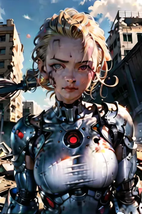 Red Eyes,Can you draw a woman cleaning up the rubble、，don't crop your face because it puts facial expression first，，is staring at me、 I want to photograph my whole body  ，Ruined City,can you draw a female robot cleaning the rubble,