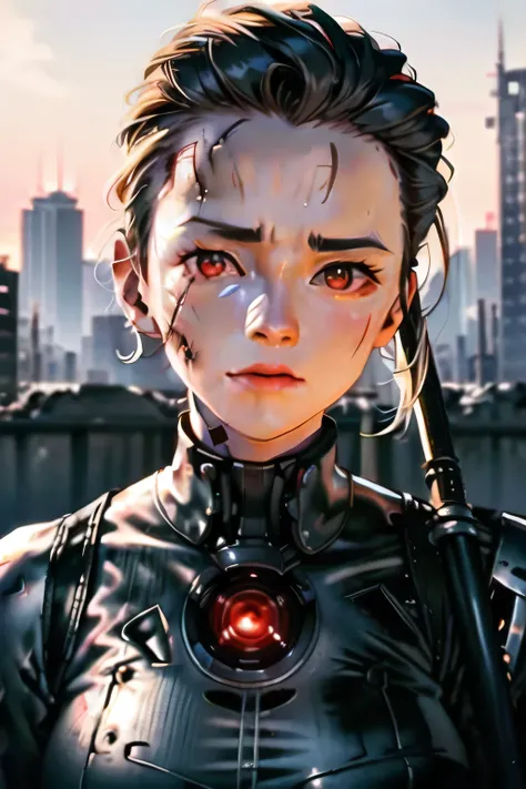 Red Eyes,can you draw a woman cleaning debris、,don't cut your face。It's to prioritize facial expression,,staring at me、 I want to photograph my whole body ,Ruined City,draw a picture of a female robot cleaning the rubble,