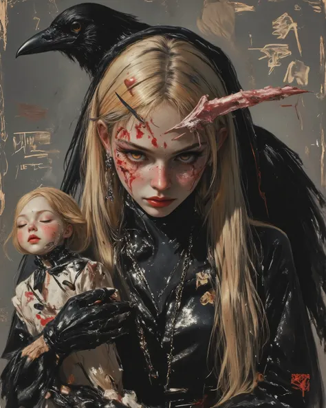 wicked, World of pain and drama and dark and dangerous！、((Dangerous World:1.2)) fashion photograph、portrait,an abandoned rag doll and old leather, photorealistic, Later ,genuine leather  ,mejor calidad ,  super fine ,mafia  ,siniestro, ,(a raven is your fr...