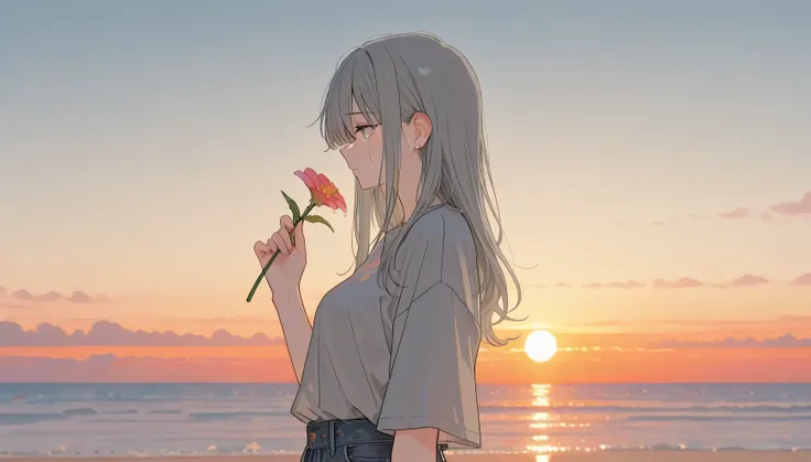 １women、ash gray long hair holding 1 flower、profile、From the waist up、1本の花を持っている、 a ray of tears、Sunset、sea、Tees