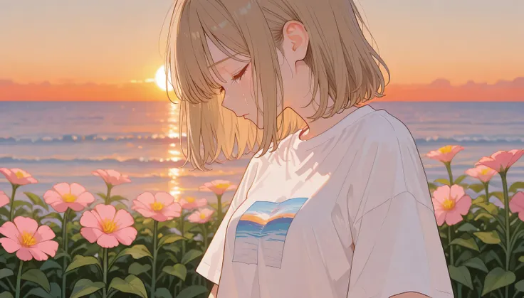 １women、light brown hair、Semi-long、profile、From the waist up、I have 1 flower、 a ray of tears、Sunset、sea、white t-shirt