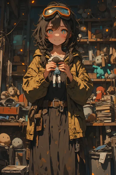 A young female caretaker working in a trash collection site, wearing a worn-out dress underneath an oversized utility jacket. She has a tool belt around her waist and large goggles resting on her head. Her messy braided hair frames a gentle smile as she ho...