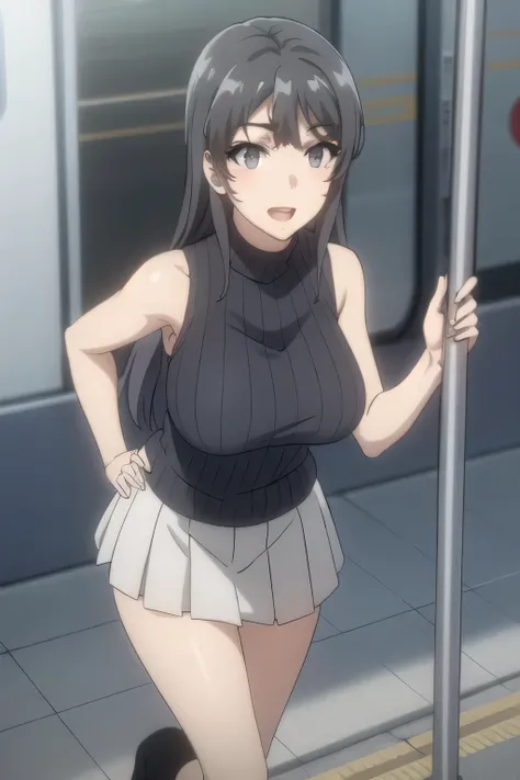 こちらを見て微笑んでいるnice smileの女性，big boobsと更にbig boobsを描いてください，a cop wearing a miniskirt，a woman with long dark hair ，A face is absolutely necessary，Sleeveless black woolen sweater，Hide your chest with a costume，High socks on my feet，Accurate representation of ha...