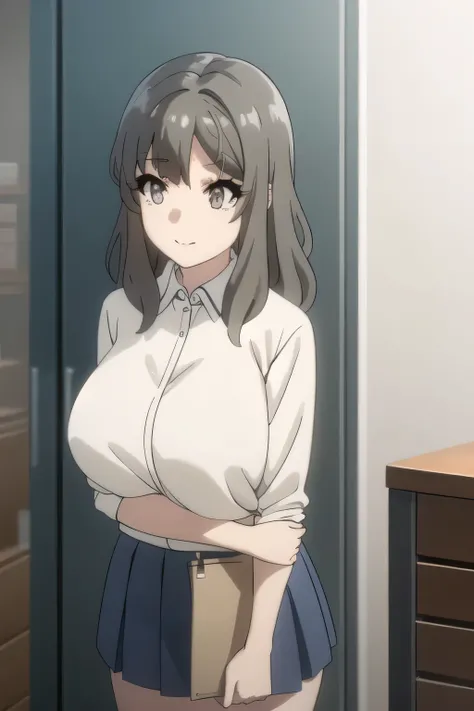 Can you draw a naked eyed woman，big boobs, thin waist ，Women with Adorable Smilesをさらに繊細に描いて下さい，dark blue micro mini skirt，white blouse，,even with big boobs and a thin waist，，OL ，Long dark hair，Please draw a more delicate expression，Women with Adorable Smil...