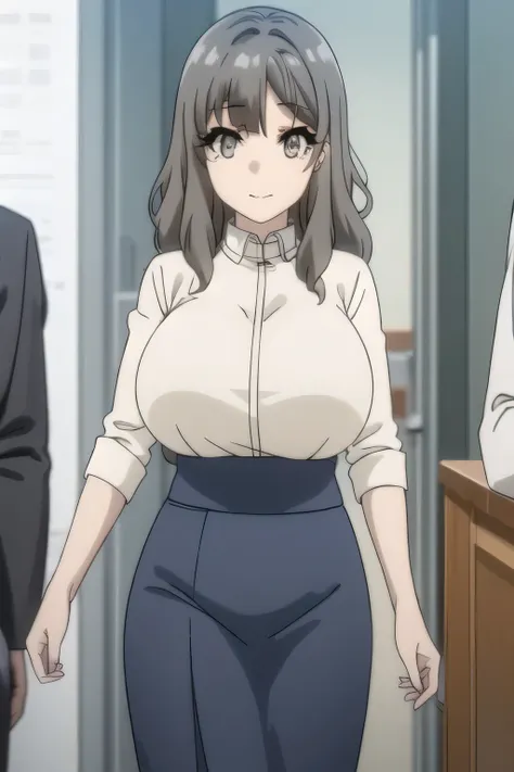 Can you draw a naked eyed woman，big boobs, thin waist ，Women with Adorable Smilesをさらに繊細に描いて下さい，dark blue micro mini skirt，white blouse，,even with big boobs and a thin waist，，OL ，Long dark hair，Please draw a more delicate expression，Women with Adorable Smil...