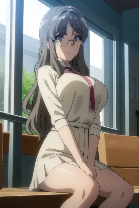 I am alone，I'm wearing stylish glasses，，big boobs細腰，Can you draw a woman wearing a mini skirt，big boobs, thin waist ，Adorable Smiling Woman      をさらに繊細に描いて下さい，ダークブルーのmicro miniskirt，white blouse，,even with big boobs and a thin waist，，OL ，long dark hair，Ple...