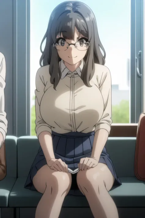 I am alone，Facing，a whiteboard standing at the teacher's house，In front of the pulpit,wear stylish glasses，，big boobs細腰，can you draw a woman in a miniskirt，big boobs, thin waist ，Adorable Smiling Woman        をさらに繊細に描いて下さい，ダークブルーのmicro miniskirt，white blou...