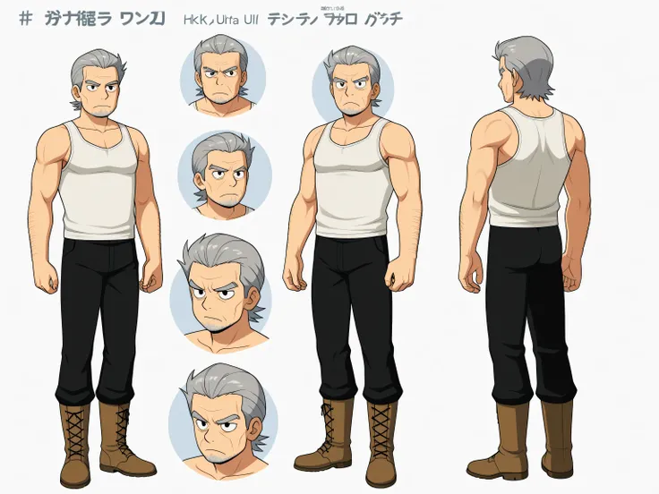  A turnaround character sheet of an elderly rugged man in his early 60s, shaved beard look, slightly muscular build, deep hazel eyes, weathered skin, wearing a white tank top, black pants, boots, short grey hair, serious expression, standing in mist, high ...