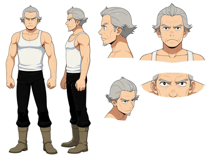  A turnaround character sheet of an elderly rugged man in his early 60s, shaved beard look, slightly muscular build, deep hazel eyes, weathered skin, wearing a white tank top, black pants, boots, short grey hair, serious expression, standing in mist, high ...