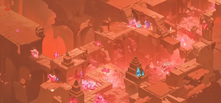 A game scene of a relic cave, the ruins of the relic, the ruins of the relic are filled with crystals, colorful crystals, red crystal gems, cyan crystal gems, in a 2D style, a 2D Genshin Impact style, 4K ultra-high-definition picture quality.