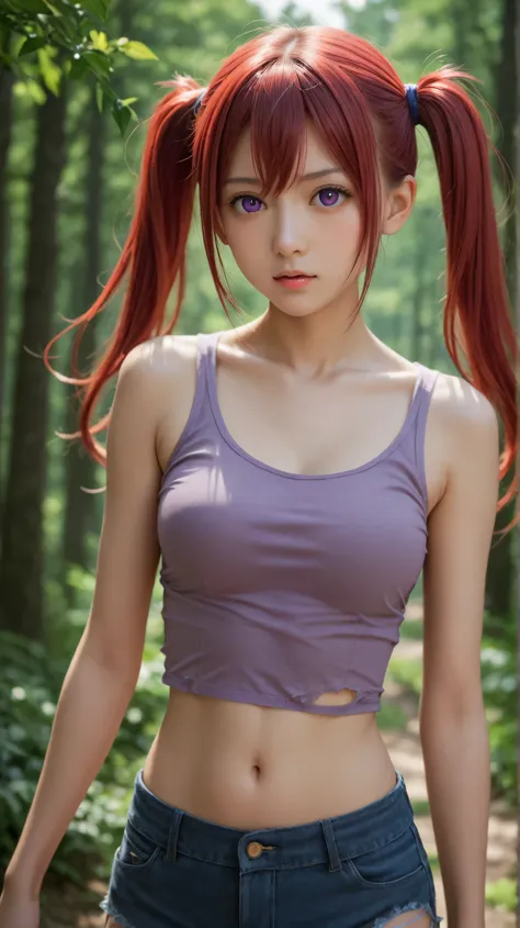 1girl, solo,noyamano ringo,scarlet hair,long hair,outdoors,potrait,forest background,medium breast,purple eyes,wear khaki tanktop,twintails, navel,torn outfit