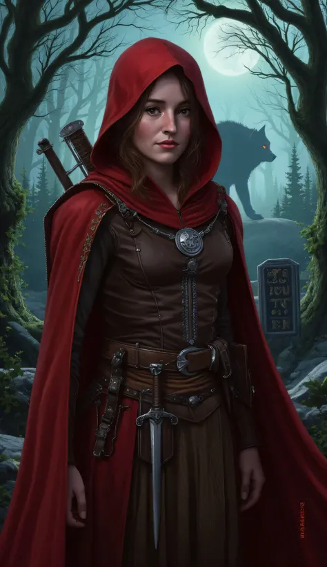 Kaitlyn Dever as Red Riding Hood, Pathfinder style fantasy, dark crimson hooded cloak, reinforced leather armor underneath, short sword on belt, crossbow slung across back, wary but determined eyes, misty forest, at twilight, ancient trees, glowing runes o...