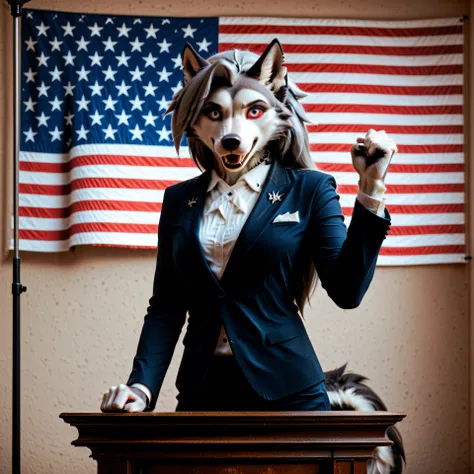 Loona, furry, realistic, fluffy tail, Loona in a formal suit, on the podium, election campaign, debate, (US flag in the background), shouts something with raised fist, outside, open stage, lighting stands, humans ((dressed in different ways)) gathered arou...