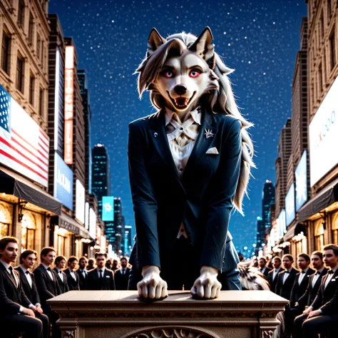 Loona, furry, realistic, fluffy tail, Loona in a formal suit, on the podium, election campaign, debate, (US flag in the background), shouts something with raised fist, outside, street stage, lighting stands, humans ((dressed in different ways)) gathered ar...