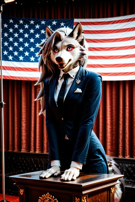 Loona, furry, realistic, fluffy tail, Loona in a formal suit, on the podium, election campaign, debate, US flag in the background, shouts something with raised fist, outside, stage, lighting stands, humans ((dressed in different ways)) gathered around, sli...