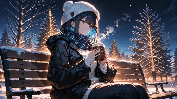 masterpiece, one girl, black medium hair, short cut, blue inner hair, asian, blue eyes, wearing jean, white sweater, black winter jacket, scarf, wool hat, winter, sitting in the bench, hot cocoa, nightview park, 