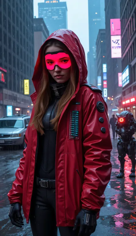 Kaitlyn Dever as Red Riding Hood, futuristic cyberpunk portrait, sleek red hooded jacket, embedded LED circuits, armored techwear bodysuit underneath, neon-lit visor partially covering eyes, stands, rain-soaked back alley, dystopian city, glowing holograms...