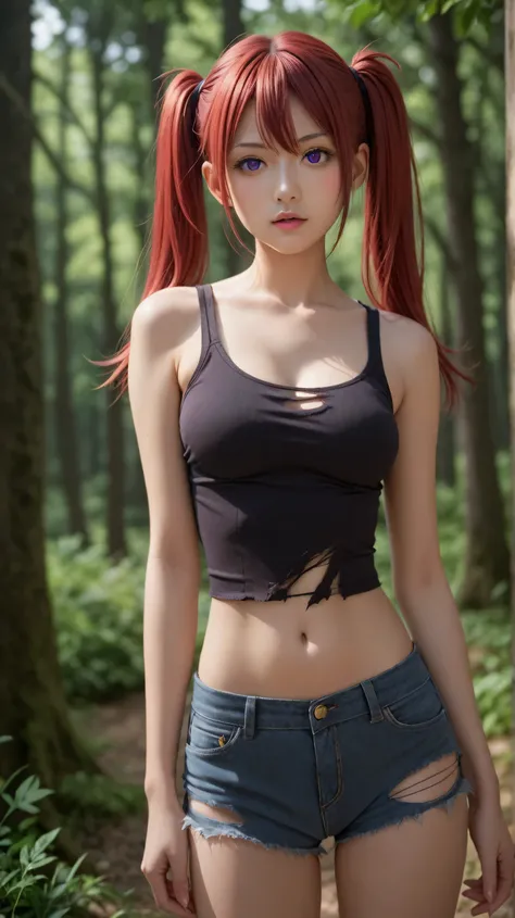 1girl, solo,noyamano ringo,scarlet hair,long hair,outdoors,potrait,forest background,medium breast,purple eyes,wear black tanktop,twintails, navel,torn outfit