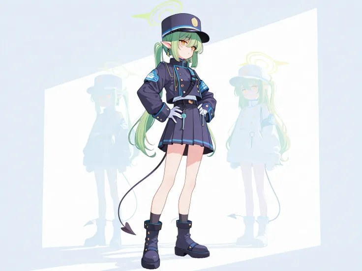 anime style, highly deTailed, 4K, masterpiece,, Nozomi_\(blue archive\),Yellow Eyes, green hair,long hair,earrings,pointed ears,halo,Tail,jacket,skirt,Wristband,white gloves, peak cap,boots, , hand on hip , white room background, simple interior, soft shad...