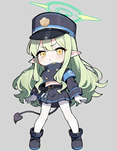 score_9,score_8_up,score_7_up BREAK source_anime,best quality,masterpiece,(white_background:1.2),looking_at_viewer,1girl,solo,highlander-left,yellow eyes,green hair,long hair,pointy ears,halo,demon tail,jacket,skirt,arm band,white pantyhose,white gloves,pe...