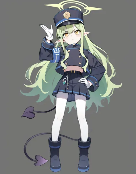 score_9,score_8_up,score_7_up BREAK source_anime,best quality,masterpiece,(white_background:1.2),looking_at_viewer,1girl,solo,highlander-left,yellow eyes,green hair,long hair,pointy ears,halo,demon tail,jacket,skirt,arm band,white pantyhose,white gloves,pe...