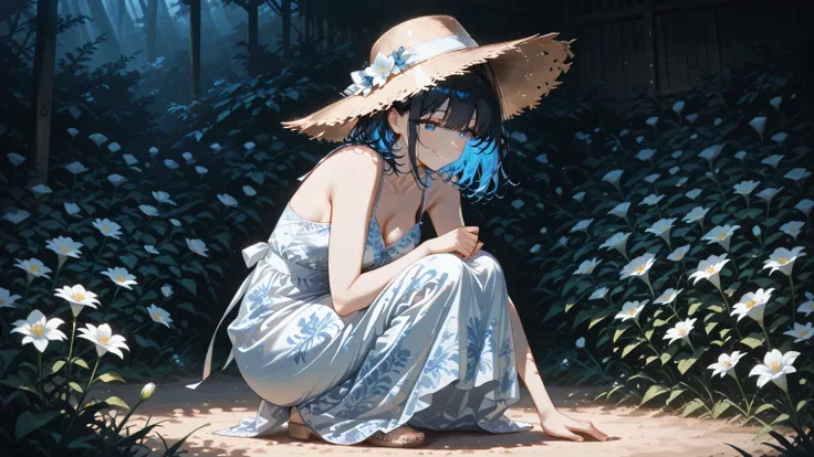 masterpiece, one girl, black medium hair, short cut, blue inner hair, asian, blue eyes, wearing white floral dress, straw hat, squat down, look at small flower, smiling