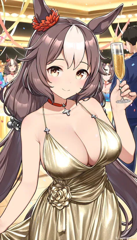 ((top quality, masterpiece, Hi-Res)), yamanin zephyr\(umamusume\), sexy dress, Cleavage, (Jirio Mahonoji), party, Smile Yan