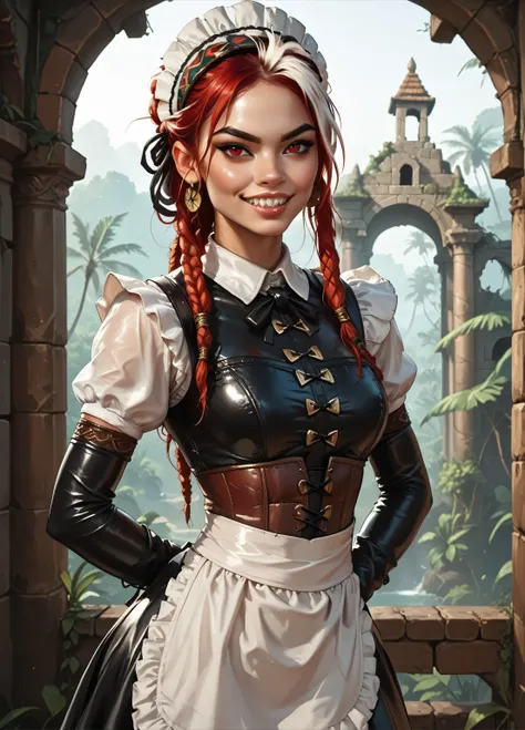Serious expression. Slender body. Lean body-type. Marble-White skin. Cute 18-year-old Aztec and Indonesian girl with Asian red eyes and unnaturally sharp teeth and dreadlocks (white and red hair). Intense red eyes. Sharp and shark-like teeth. She has a cut...
