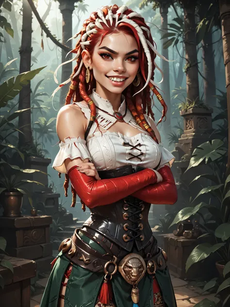 Serious expression. Slender body. Lean body-type. Marble-White skin. Cute 18-year-old Aztec and Indonesian girl with Asian red eyes and unnaturally sharp teeth and dreadlocks (white and red hair). Intense red eyes. Sharp and shark-like teeth. She has a cut...