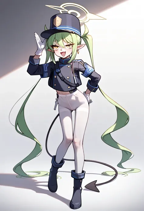 score_9,score_8_up,score_7_up, best quality,nozomi \(blue archive\),1girl, halo, green hair , long twin tails , earrings, pointed ears, halo, Tail, jacket, belly , white pantyhose , Wristband ,white gloves , peak cap , long legs , boots, , hand on hip , c...