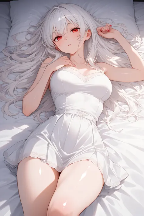 1 woman with long shiny white hair, loose hair, shiny red eyes, ruby red eyes, white dress, miniskirt, lying down, white bed, tall woman, medium breasts