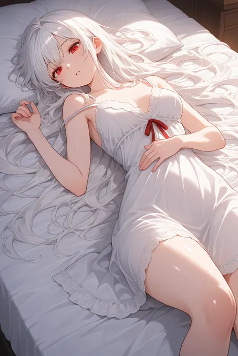 1 woman with long shiny white hair, hair down, long hair, shiny red eyes, ruby red eyes, white nightgown, lying down, white bed, tall woman, medium breasts