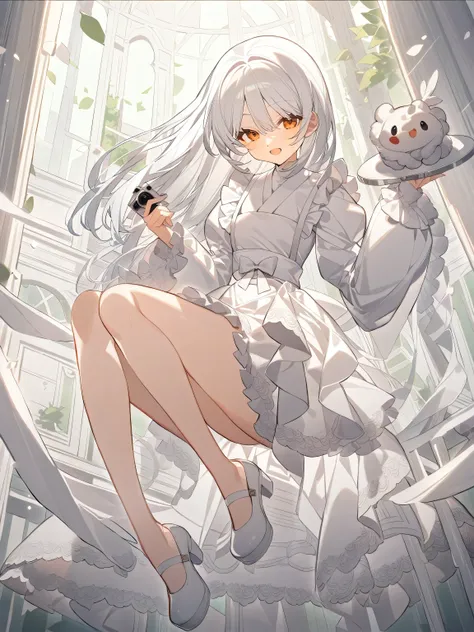 A woman with long white hair ，Wear a white big sleeve puff sleeve dress with big skirt white lace and small frill sleeves，cute looking at the camera ，Wearing a white leather，lace big skirt