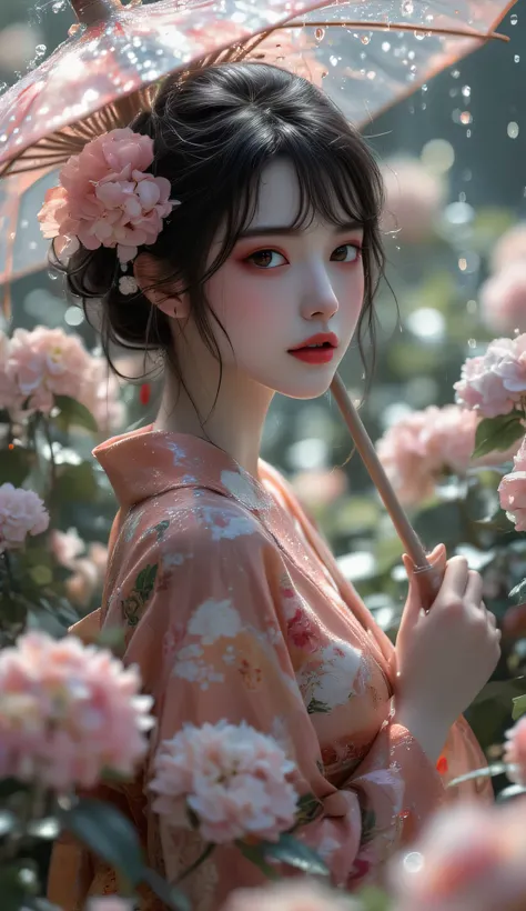 A woman in a kimono standing surrounded by beautiful rainy-soaked hydrangeas with an umbrella、solo、 Dark Eyes、black hair、anatomically perfect、Create light and shadow、Soft sunlight and reflected light shining in、Raindrops dripping through an umbrella、Fantas...