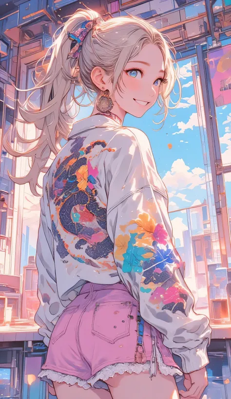 Idol woman with ponytail hair, platinum blonde haired woman, showing her back, (white top with rainbow beaded flower poetry book on it has been pulled down to her waist to show her back), naked back, dragon tattoo on the skin of her back in swirling clouds...