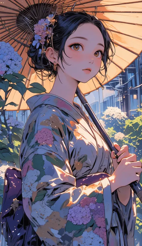 One Woman, (full body shot), Woman in kimono with hair tied up, standing with umbrella surrounded by beautiful hydrangeas wet with rain, brown eyes, black hair, anatomically perfect, slender face, pretty woman, fine eyes, double eyelids, (beautiful delicat...