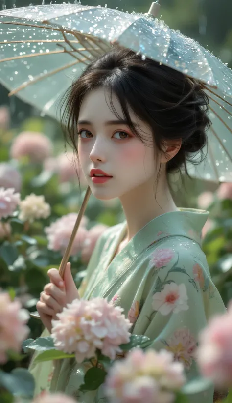 One Woman, (full body shot), (A woman in a light green kimono with a pattern of spring flowers), Woman in kimono with hair tied up, standing with umbrella surrounded by beautiful hydrangeas wet with rain, brown eyes, black hair, anatomically perfect, slend...
