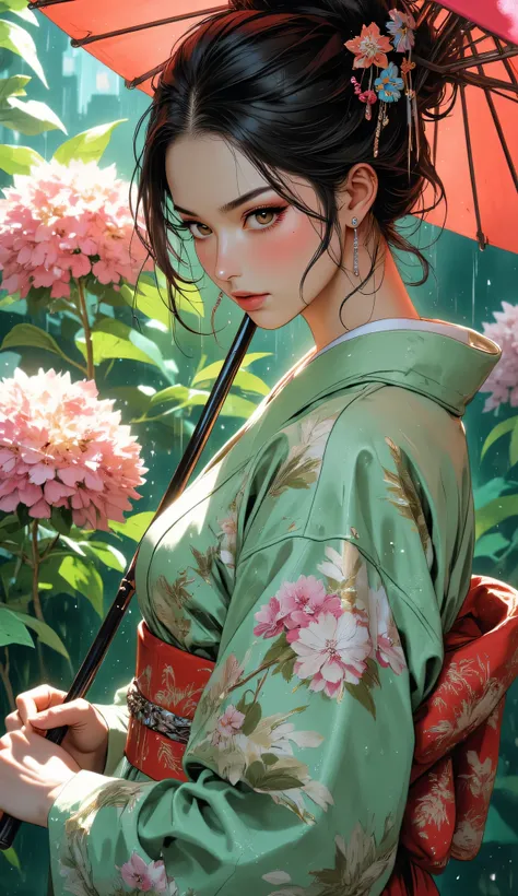 One Woman, (full body shot), (A woman in a light green kimono with a pattern of spring flowers), Woman in kimono with hair tied up, standing with umbrella surrounded by beautiful hydrangeas wet with rain, brown eyes, black hair, anatomically perfect, slend...