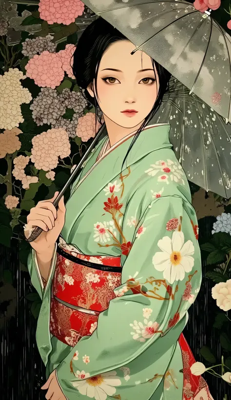 One Woman, (full body shot), (A woman in a light green kimono with a pattern of spring flowers), Woman in kimono with hair tied up, standing with umbrella surrounded by beautiful hydrangeas wet with rain, brown eyes, black hair, anatomically perfect, slend...