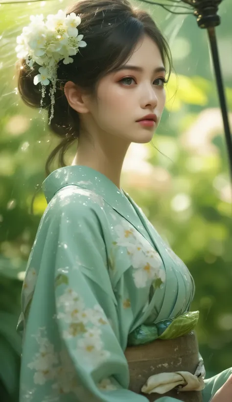 One Woman, (full body shot), (A woman in a light green kimono with a pattern of spring flowers), Woman in kimono with hair tied up, standing with umbrella surrounded by beautiful hydrangeas wet with rain, brown eyes, black hair, anatomically perfect, slend...